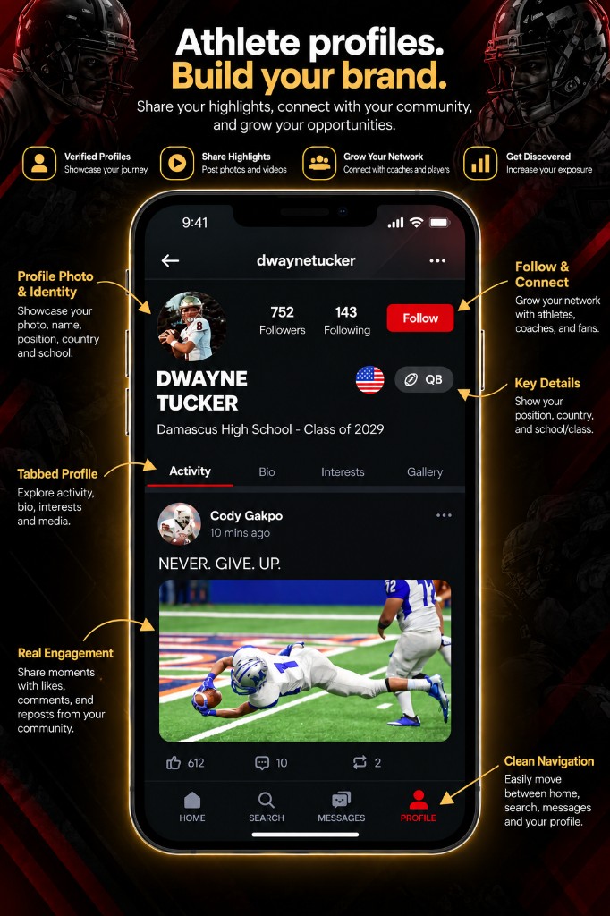 Athlete profile card with highlights, followers, and follow action