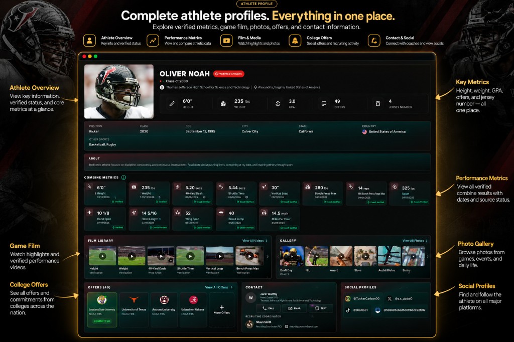Athlete profile with verified skills, film, offers, and metrics